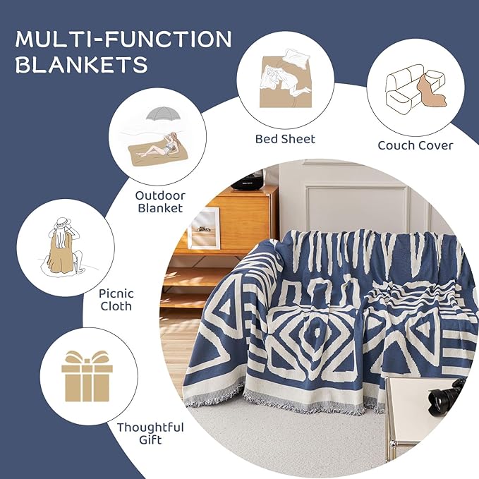 STACYPIK Boho Chenille Blue Sofa Cover L Shaped Couch Cover Reversible Couch Cover for 3 Cushion Couch Non-Silp Furniture Cover for Dogs Cats Sectional Sofa Cover for Loveseat Futon Cover-91X118IN