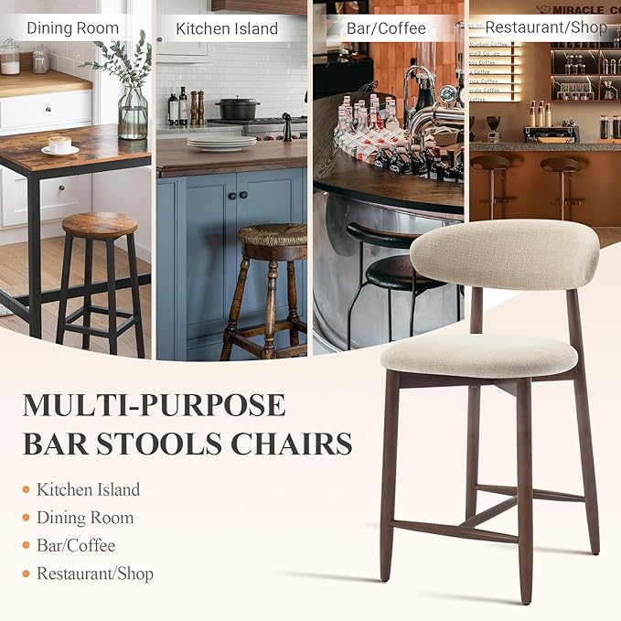 COLAMY Counter Height Bar Stools Set of 2, Kitchen Bar Stools with Back, Mid Century Modern Upholstered, with Wood Legs for Kitchen Island Dining Room, Beige