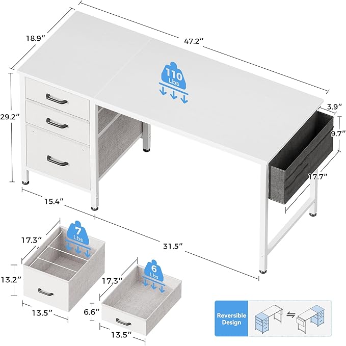 Casaottima 40" Small Computer Home Office Desk for Bedroom with Fabric Drawers & File Cabinet, Cloth Storage Bag and Hook, Writing Study Work Table for Small Space, White