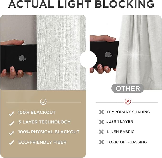Joydeco 100% Blackout Curtains for Bedroom - Natural Linen Curtains 42" W x 96" L, Thermal Insulated 2 Panels White Light Blocking Drapes, Rod Pocket & Back Tabs, Darkening Privacy for Living Room