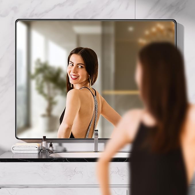 Hasipu Black Bathroom Mirror for Wall, 51 x 30 Inch Metal Framed Bathroom Mirrors for Over Sink, Rectangle Bathroom Vanity Mirror, Anti-Rust, Tempered Glass, Horizontal or Vertical