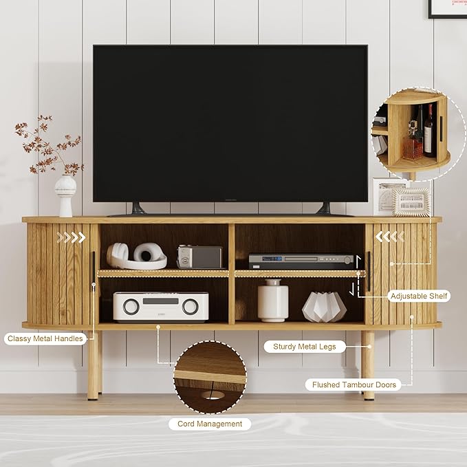 47.2" TV Stand, Modern TV Console Table with Storage Compartment and Sliding Door, Gaming Entertainment Center with Cabinet for Living Room, Bedroom, Office, Oak