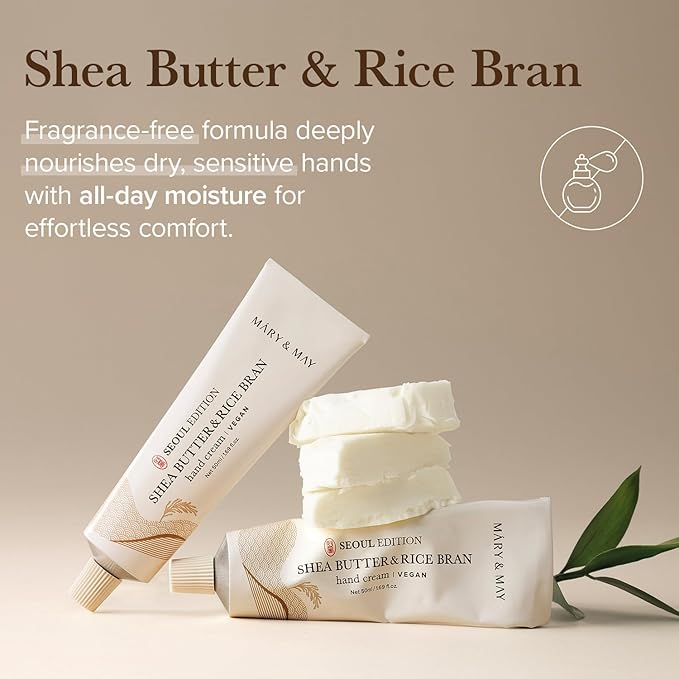 Mary&May SEOUL EDITION Shea Butter & Rice Bran Hand Cream - Korean Fragrance Free Nourishing Vegan Hand Moisturizer for Soft, Healthy Hands - Non Greasy Velvet Hand Butter, 1.69oz.