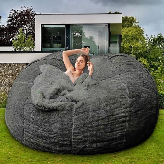 Bean Bag Chair for Kids Adults Without Filler Oversized Round Plush Beanbag Chair Lazy Sofa Cover for Stuffed Animal Storage Floor Chair, 5FT, Light Grey