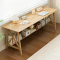 Extra Long Desk with Bookshelf - Wooden Home Office Work Study Table, 2-Person Writing Computer Workstation with Storage Shelf in Oak, 71" Wx20 Dx30 H