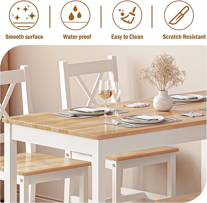 SogesHome 47.2'' Dining Table Set with 4 Chairs, 5-Piece Modern Chic Design, Premium Construction, Versatile Functionality, Easy Assembly, Oak and White Finish, Oak
