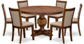 F3MZ7-50N-04 7-Pc Kitchen Table Set Includes a Pedestal Table and 6 Light Tan Polyester Dining Room Chairs with Padded Back - Antique Walnut