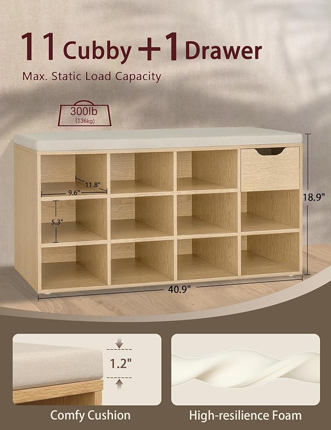 DINZI LVJ Shoe Storage Bench with Cushion, 11- Cubby Entryway Bench with Drawer and Adjustable Shelves, 40.9" Long Cubby Shoe Rack for Living Room, Bedroom, Mudroom, Natural and Cappuccino Beige
