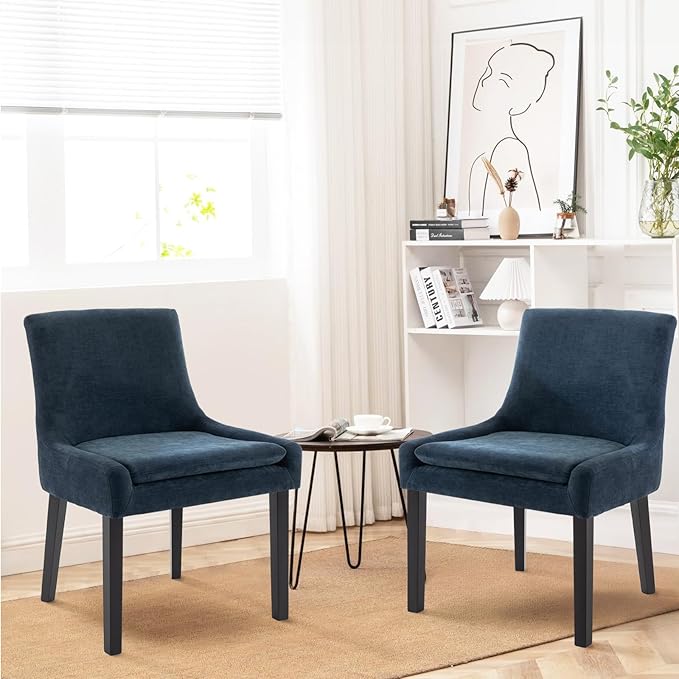 COLAMY Modern Dining Chairs Set of 4, Upholstered Corduroy Accent Side Leisure Chairs with Mid Back and Wood Legs for Living Room/Dining Room-Blue