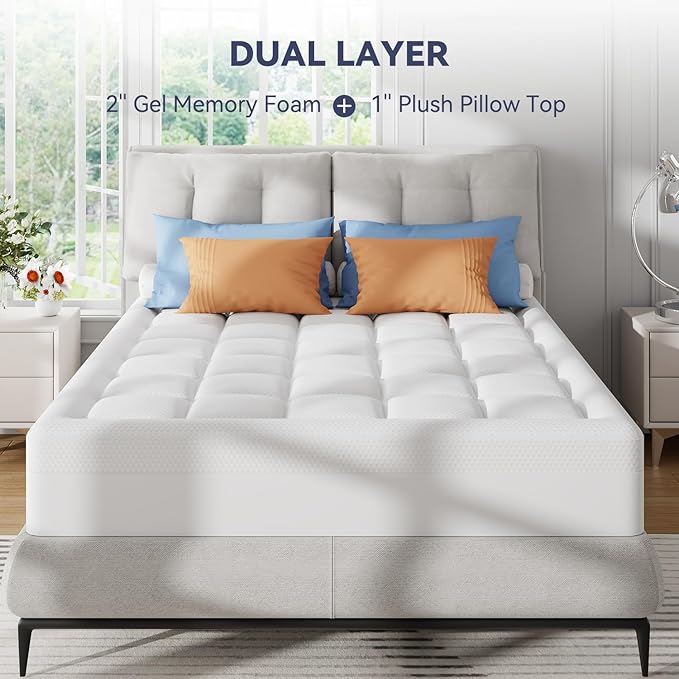 ELEMUSE RV King Dual Layer 3 Inch Memory Foam Mattress Topper, 1 Inch Plush Feel Pillow Top Mattress Topper Cover and 2 Inch Cooling High Density Memory Foam Bed Pad for Back Pain Relief
