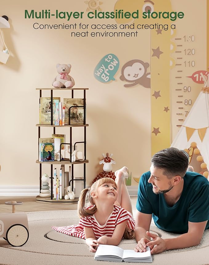 4 Tier Rotating Bookshelf, 360 Display Round Spinning Bookshelf Tower for Kids Room, Corner Shelf for Living Room, Office, Bedroom, Black