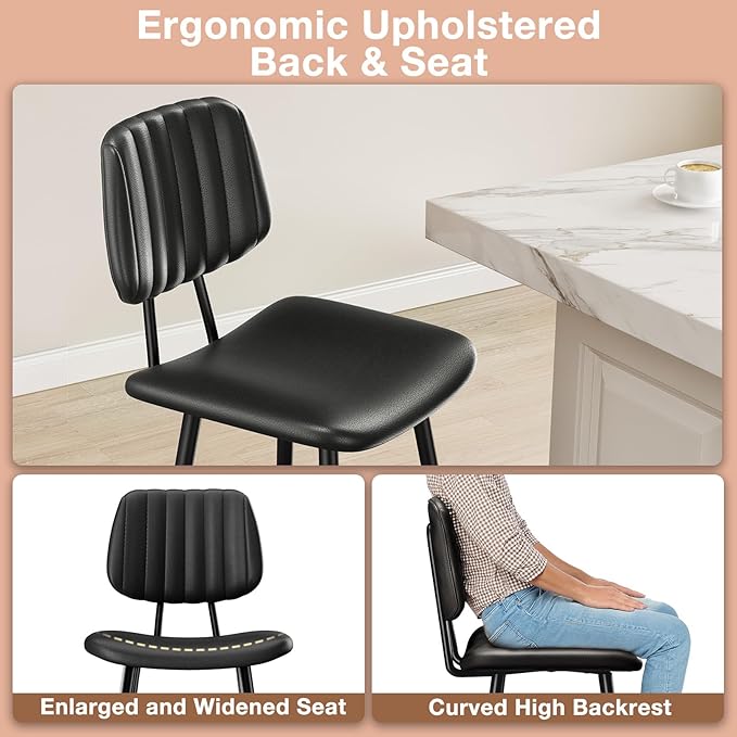 24-Inch Leather Bar Stools Set of 3, Counter Height Barstools with High Backrest，Bar Chairs for Kitchen Island with Heavy Duty Metal Legs, Black