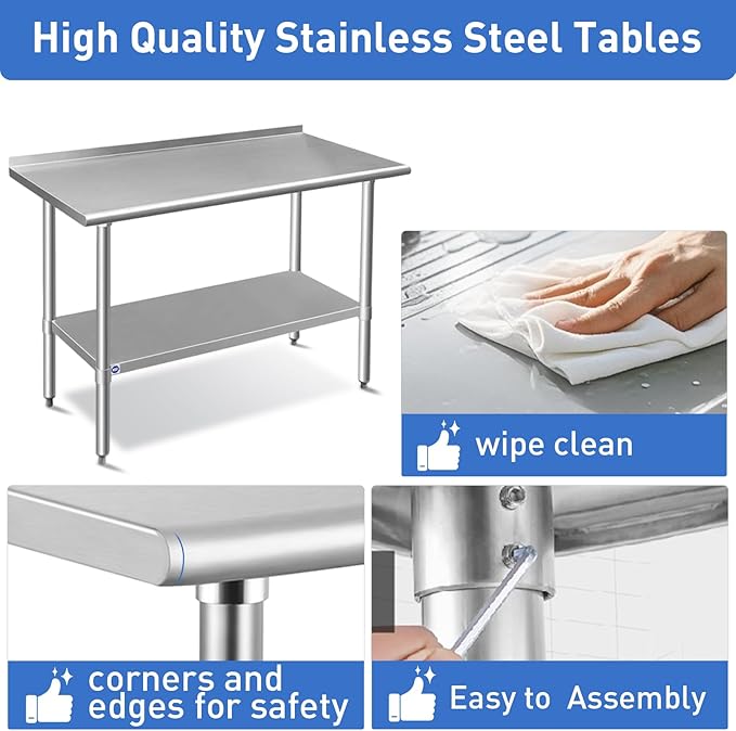 ROCKPOINT Stainless Steel Prep & Work with Backsplash 30x30 Inches, NSF Metal Commercial Kitchen Heavy Duty Table with Undershelf for Restaurant, Home and Hotel