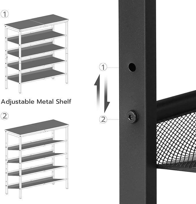 HOOBRO Shoe Rack for Entryway, 5-Tier Organizer with Adjustable Mesh Shelves, 16-20 Pairs, Spacious Floor Mount, Metal, Industrial, Closet Shoe Shelf, Black BB12XJ01
