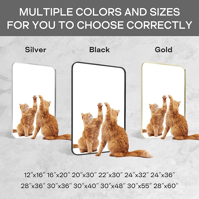 Wall Mount Mirror for Bathroom, Brushed Black Metal Framed Rounded Corner Square Rectangular Vanity Mirror (30" x 30", Black)