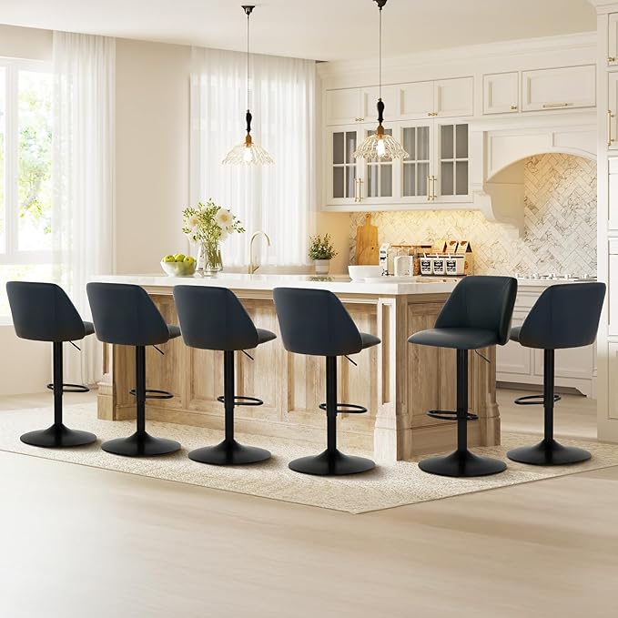 COLAMY Bar Stools Set of 2, Modern Swivel Bar Chairs, Adjustable PU Leather Upholstered Barstools Counter Height with Full Backrest for Bar, Dining Room, Kitchen Island, Black