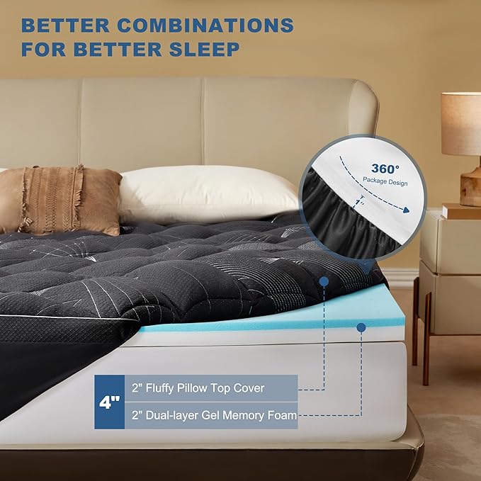 Bedlore 4-Inch Queen Mattress Topper for Back Pain - Dual Layer Medium Support (2" Gel Memory Foam + 2" Cooling Fluffy Pillow Top Pad), Breathable & Pressure Relief (Gray)