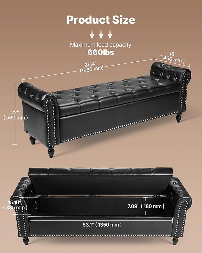 VEVOR Button-Tufted Storage Ottoman Bench, Rolled Arm PU Leather Bench with Solid Wood Legs, Modern Shoe Benches Seat for Entryway, Upholstered End of Bed Benches for Living Room, Dining Room, Black