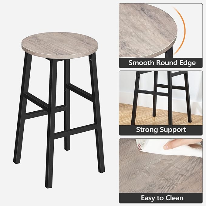 Bar Stools, Set of 2 Round Bar Chairs with Footrest, 24.4 Inch Kitchen Breakfast Bar Chairs, Industrial Bar Stools, Easy Assembly, for Dining Room, Kitchen, Greige BAHG0201Z