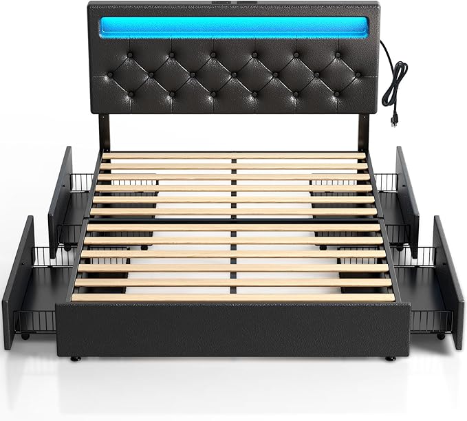 Rolanstar Queen Bed Frame with 4 Storage Drawers and Charging Station, Queen Bed with Led Lights, 2 USB & 1 Type C, Adjustable Headboard 38.9/40.8 Inches, No Box Spring Needed, Black