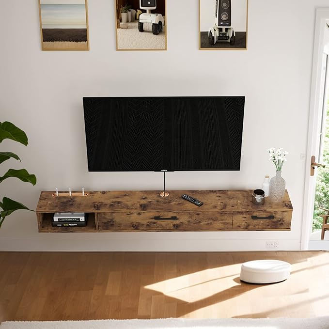 Pmnianhua Farmhouse Floating TV Stand with 2 Doors,55'' Under TV Shelf Floating,Wall Mounted TV Shelf,Rustic Floating TV Console for Under TV(Rustic Brown)