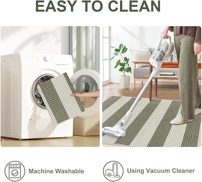 OJIA Striped Rug 24"x51" Washable Fall Front Door Mat Halloween Doormat Woven Entry Rug Cotton Indoor Outdoor Rug Small Checkered Rugs for Porch Kitchen Entryway Patio Bathroom (Green/White/Tan)