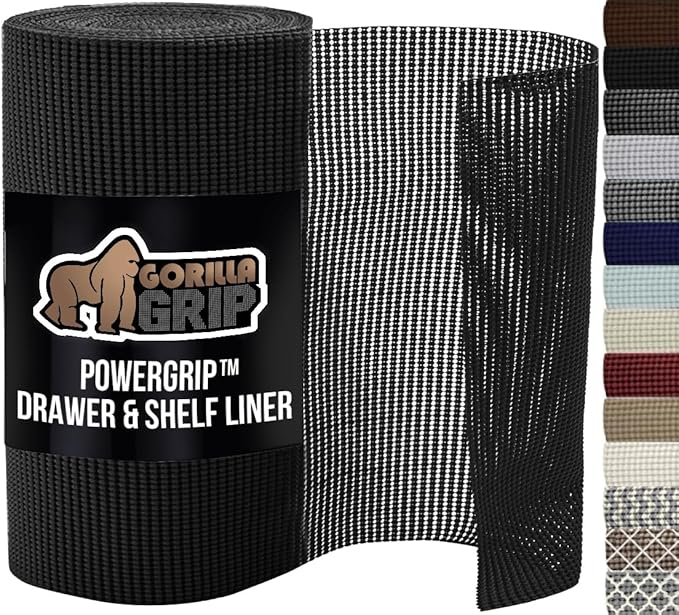 GORILLA GRIP powerGRIP Drawer Shelf and Cabinet Liner, Thick Strong Hold, Non-Adhesive Liners Protect Kitchen Cabinets and Cupboard, Bathroom Drawers, Easy Install, Breathable Mat, 20" x30', Black