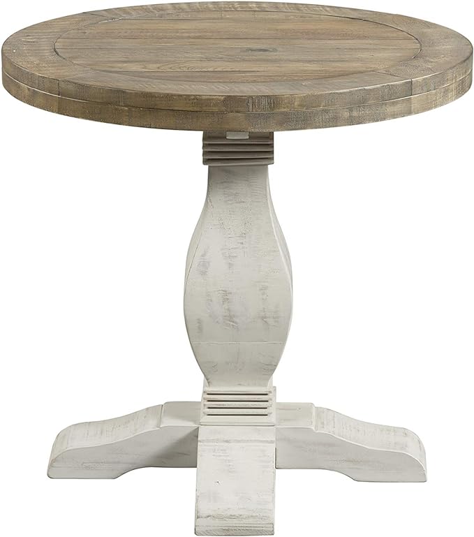 Napa Solid Wood Farmhouse Rustic Reclaimed Natural and White Stain Round End Side Accent Living Room Table, Nightstand Bedside 26" W x 26" D x 25" H