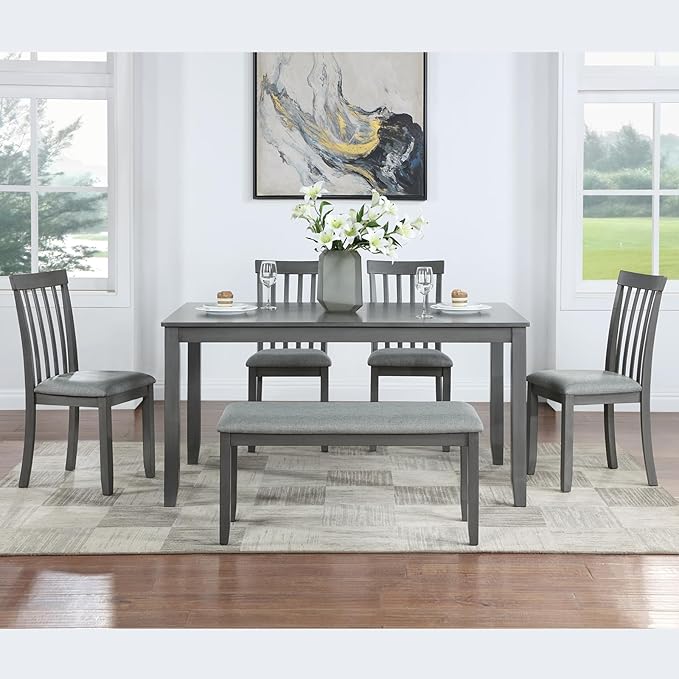 soges 6 Piece Kitchen Dining Table Set, Rectangular Wooden Dining Table with 4 Upholstered Chairs and a Bench for 6 People, Living Room, Home and Kitchen, Grey