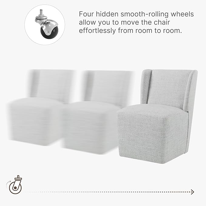 Upholstered Dining Chair with Casters Wingback Modern Side Armless Deskchair with Rollers for Diningroom Bedroom Livingroom Reading Room,Light Grey,2 Box
