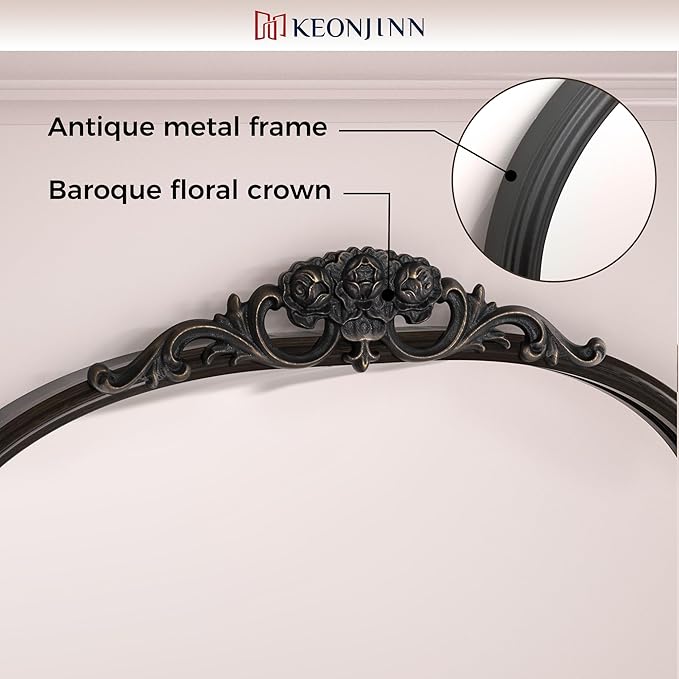 Keonjinn Arched Wall Mirror, 48" x 22" Vintage Mirror Full Length, Black Traditional Decoration Baroque Style, Ornate Mirrors for Hallway, Fireplace, French Cleat Mounting