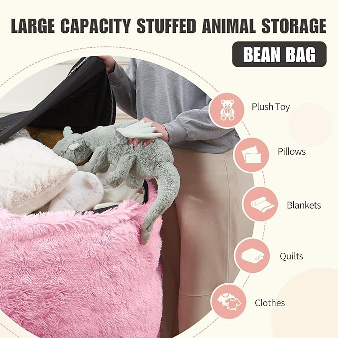Fluffy Bean Bag for Stuffed Animals Storage, Faux Fur Washable Bean Bag Chair Cover(No Filler) for Textile Plush Toys, Beanbag Chair Cover for Adults Kids Teens, 5FT, Pink