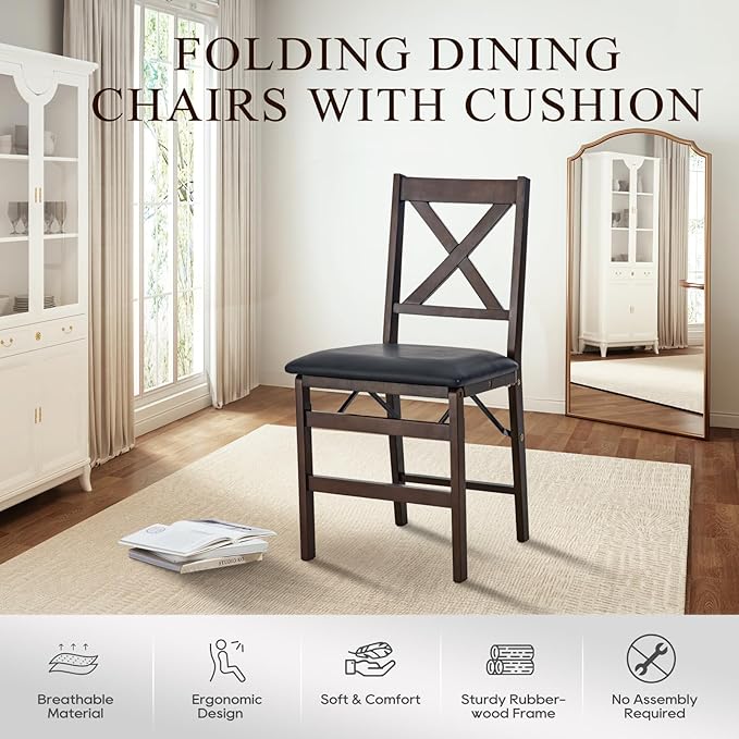 COLAMY Folding Dining Chairs Set of 6 – Dark Brown Wooden Dining Room Chairs, Pre-Assembled, Space Saving Kitchen & Dining Room Furniture, Mid Century Rustic Style, Indoor Outdoor Use