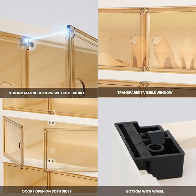 Foldable Shoe Organizer Storage Box, Portable Extra Large Folding Shoe Rack for Closet, Shoe Storage Box with Magnetic Transparent Door and Wheels, 9 Layers 18 Grids with 4 Big Grids for 2 PCS