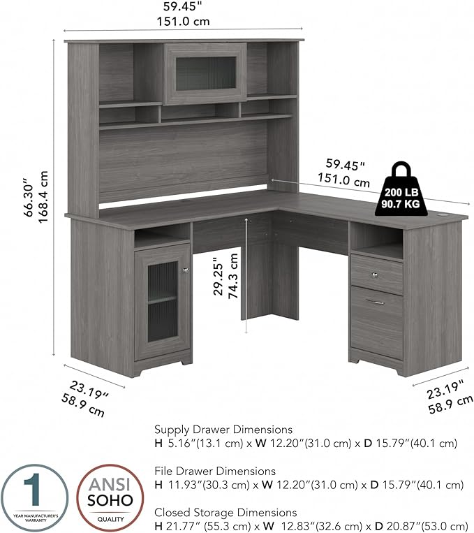 Bush Furniture Cabot L Shaped Desk with Hutch | Corner Desk with Storage for Home Office in Modern Gray | 60W L Shaped Computer Desk