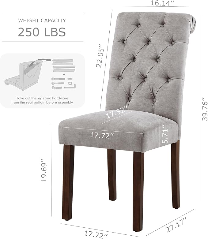 COLAMY Button Tufted Dining Chairs Set of 6, Parsons Upholstered Fabric Dining Room Chairs Kitchen Chairs with Wood Legs and Padded Seat, Light Grey