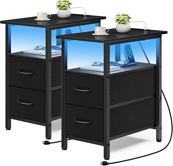 Vagusicc Set of 2 Black Nightstand with Charging Station and LED Lights, Narrow Side Table, LED Night Stand with 2 Fabric Drawers, Bedside Table Small End Table, Tall Nightstand for Bedroom, Black