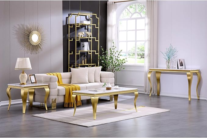 Gold End Table, Modern Square Living Room End Table with Mirrored Stainless Steel Cabriole Legs