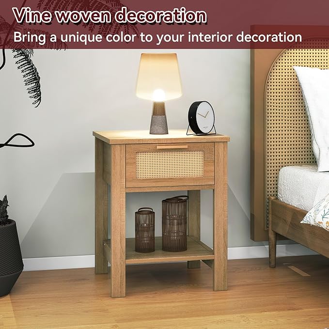 IBUYKE Rattan Nightstand, Boho Night Stand with Drawer, Wood Bedside Tables with Storage Shelf, End Table with Legs for Bedroom, Natural UWNS011N