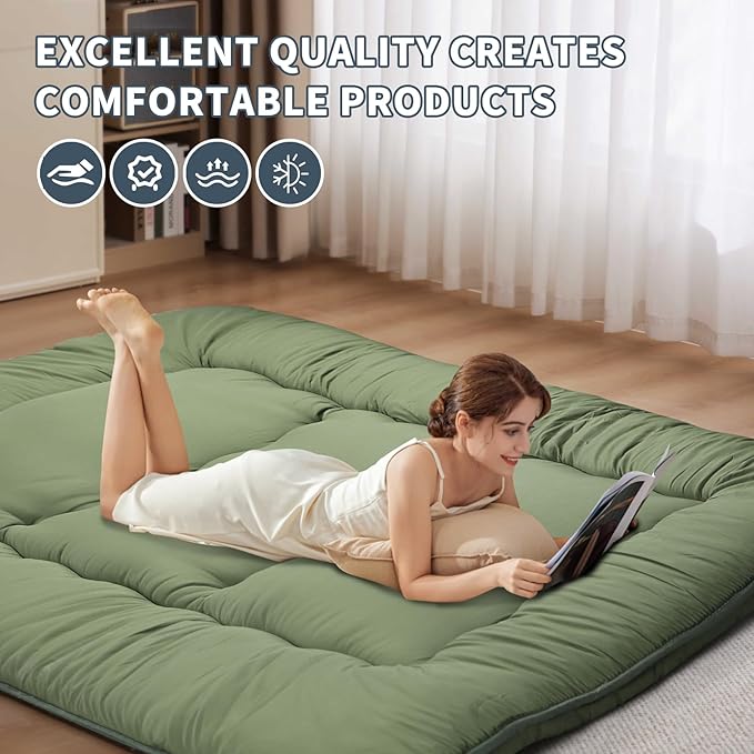 Japanese Floor Mattress,4" Thicken Japanese Floor Sleeping Pad Foldable,Futon Mattress Suitable for Camping and Guest Room (Green, Full (80" X 47"))