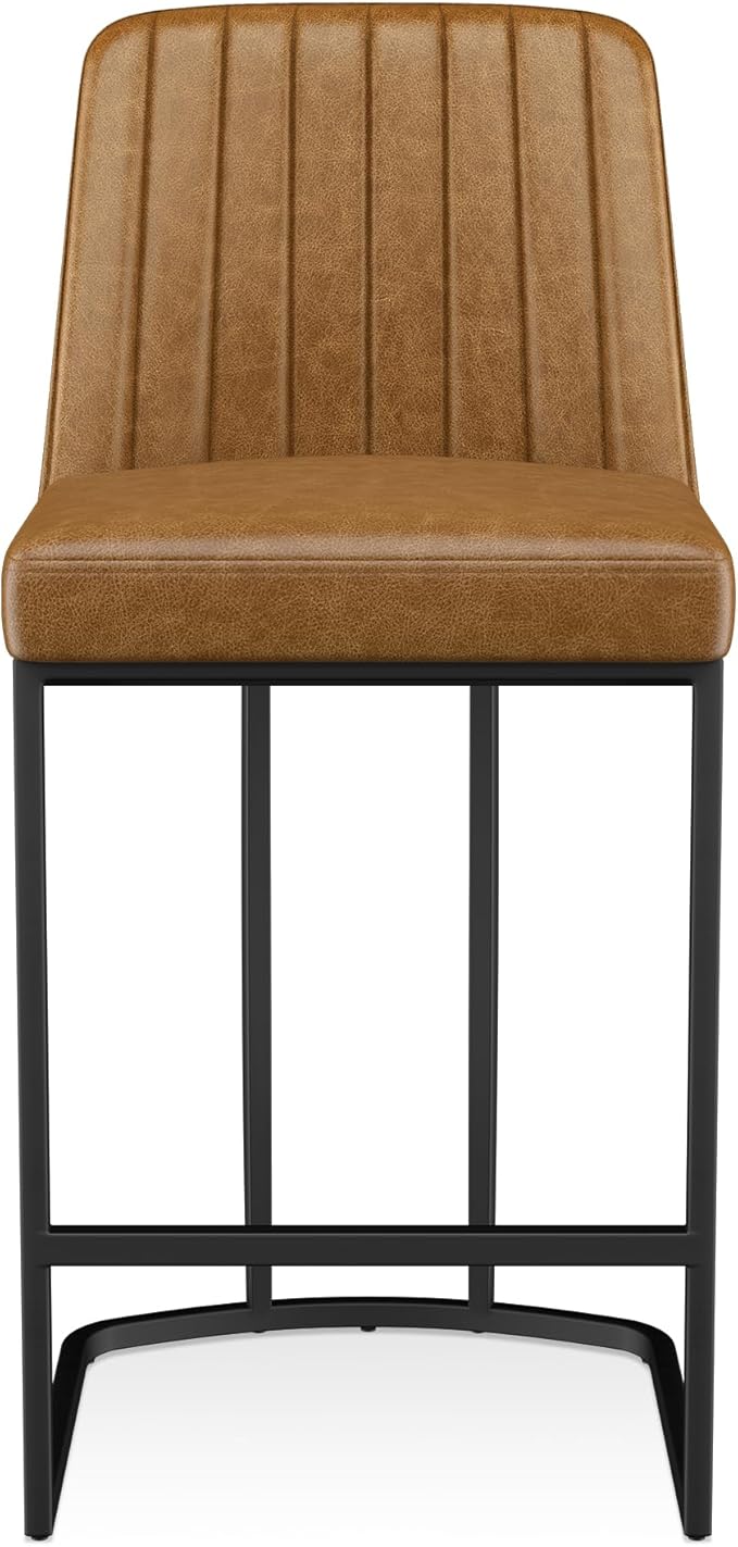 Bar Stools Set of 2, Faux Leather Counter Height Barstools, Upholstered Kitchen Counter Stools with Back and Stitching, 25.6" H Kitchen Island Stools Bar Chair, Metal Framed, Whisky Brown