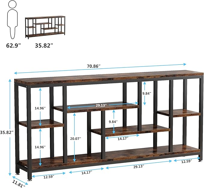 Tribesigns Console Sofa Table, 70.9 inch Extra Long Table Behind Couch with Storage Shelves, 3-Tier Industrial Narrow Entryway Hallway Accent Table for Living Room, Rustic Brown