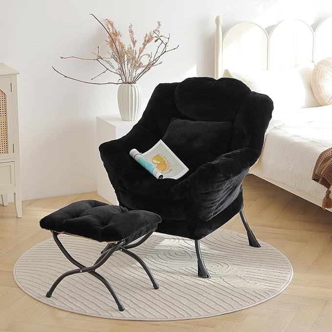 Lazy Chair with Ottoman, Reading Chair with a Pillow, Leisure Sofa Armchair with Ottoman, Large Accent Lounge Chair for Bedroom, Living Room, Dorm Room, Plush Black