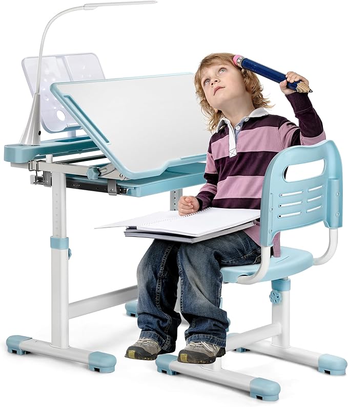 Rengue Kids Desk and Chair Set Height Adjustable School Study Desk and Chair with 55° Tiltable Desktop, 3 Modes &3 Brightness LED Lamps, Storage Drawer and Metal Hook for Boys Girls Gifts (Blue)