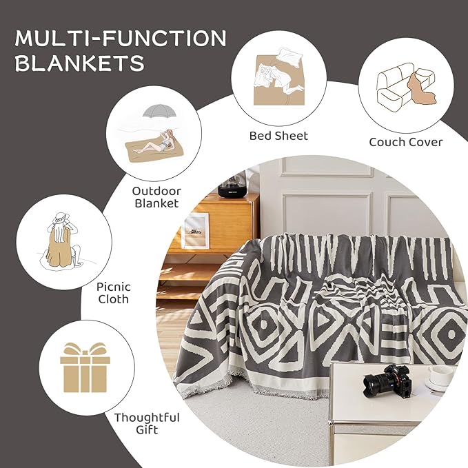 STACYPIK Boho Dark Grey Couch Cover, Soft Reversible Chenille Sofa Cover for Dog, Anti-Slip Pet Protector for 3 Cushion Couch, Washable Loveseat Couch Cover for Sectional, Decorative Blanket-71X134IN