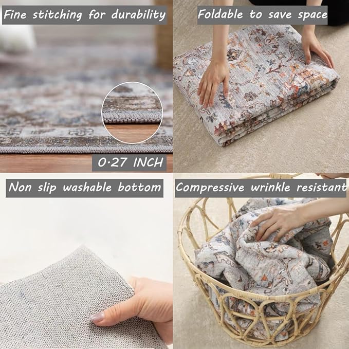 Area Rug 8x10 Washable Rug Taupe Vintage Traditional Mat Distressed Indoor Foldable Thin Retro Accent Rug Floral Print Non Slip Carpet Living Room Dining Room Office