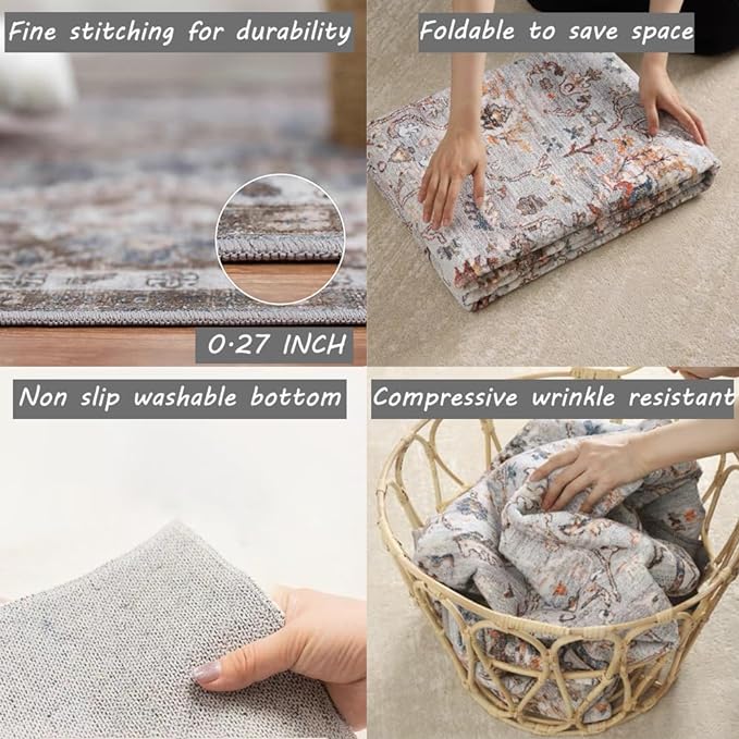 Area Rug 6x9 Washable Rug Gray Vintage Traditional Floor Cover Thin Retro Kitchen Indoor Distressed Non Slip Carpet Floral Print Mat Living Room Bedroom Dining Room