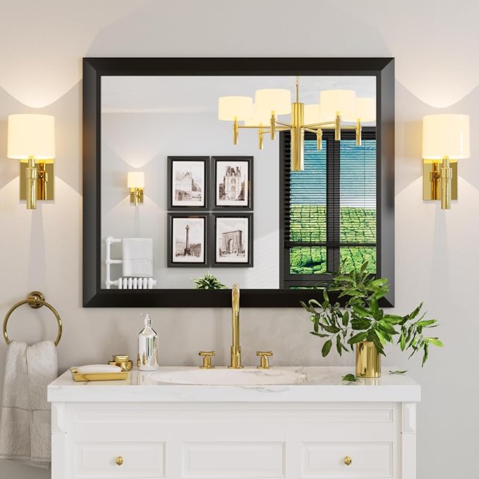Amorho Black Bathroom Mirror, 40X32 Inch Thick Metal Framed Wall Mirrors for Vanity, Bedroom, Living Room, Entryway, Rectangle Wall-Mounted Mirrors(Horizontal/Vertical).