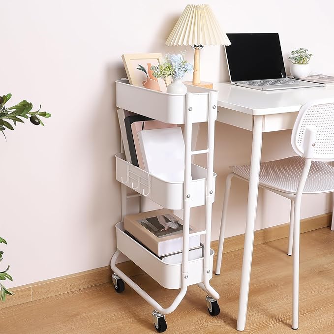 MAX Houser Slim 3-Tier Rolling Utility Cart, Narrow Metal Bathroom Storage Multifunctional Organizer Carts with Wheels with Extra Hook, Laundry Room,Kitchen,Small Space(White)