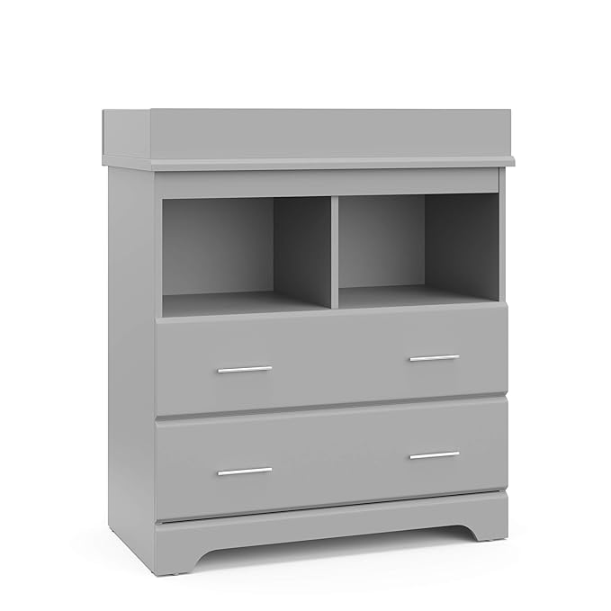 Storkcraft Brookside 2 Drawer Changing Table Dresser (Pebble Gray) – GREENGUARD Gold Certified, Easy-to-Match Chest of Drawers and Cubbies for Nursery and Kids Bedroom, Includes Changing Table Topper